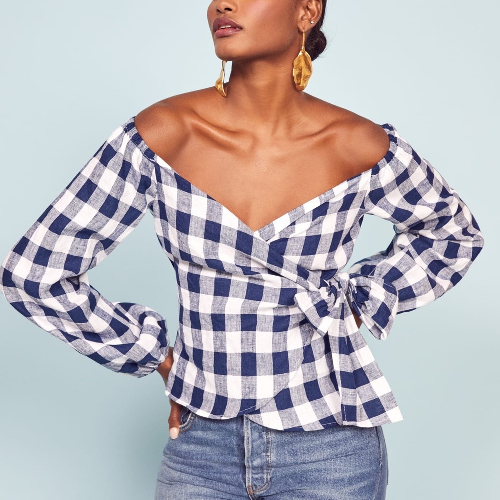 Reformation Hart Wrap Top Blue White Gingham Print 100% Linen M